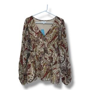 Paisley V-Neck Long Sleeve Blouse - Beige/Multi